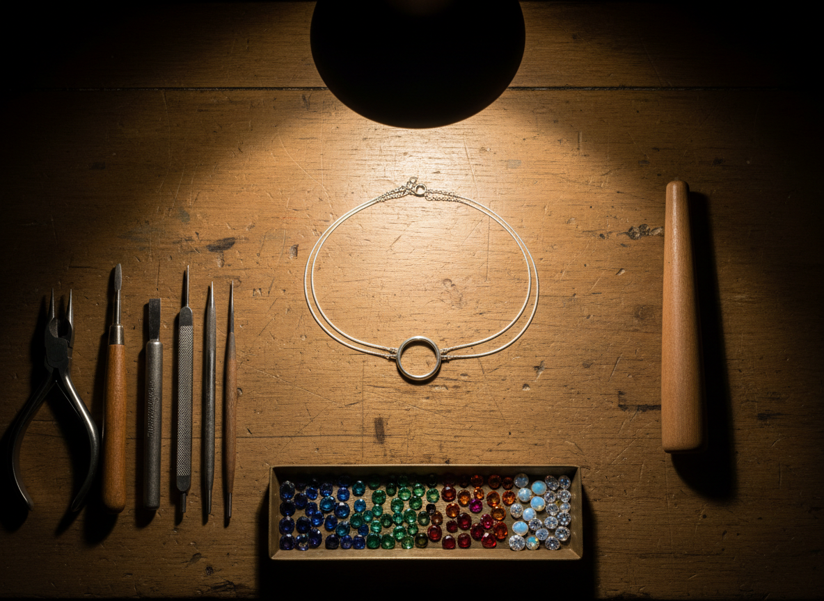 A meticulously organized artisanal jeweler’s workbench captured in photographic realism. In the center lies a half-finished custom necklace in brushed silver, its fine chain elegantly coiled around a central setting ready to receive a gemstone. Surrounding it are precision tools, a wooden ring mandrel, and a small tray of sparkling loose stones arranged by color. The benchtop is worn, warm-toned wood, suggesting years of careful craftsmanship. Overhead, a focused, warm-toned task lamp illuminates the workspace, creating crisp highlights on metal surfaces and gentle shadows in the tool recesses. Shot from a top-down perspective, the composition is neat yet authentic, conveying a calm, focused, and sophisticated atmosphere of bespoke creation.