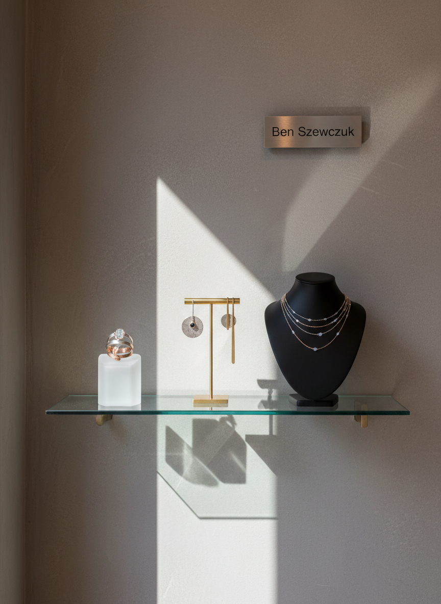 A modern, minimalist storefront display for an independent artisan bijoutier, viewed from inside the boutique in photographic realism. A single floating glass shelf holds three carefully spaced jewelry stands: a ring pedestal, an earring T-stand, and a necklace bust, each presenting a unique, contemporary piece in mixed metals and subtle gemstones. Behind them, a textured, warm grey wall and a discrete engraved plaque reading “Ben Szewczuk” add understated branding. Natural afternoon light filters through an unseen front window, creating soft highlights on the glass and metal and a gentle gradient across the wall. Shot at eye level with a balanced, rule-of-thirds composition, the atmosphere is serene, curated, and undeniably sophisticated.