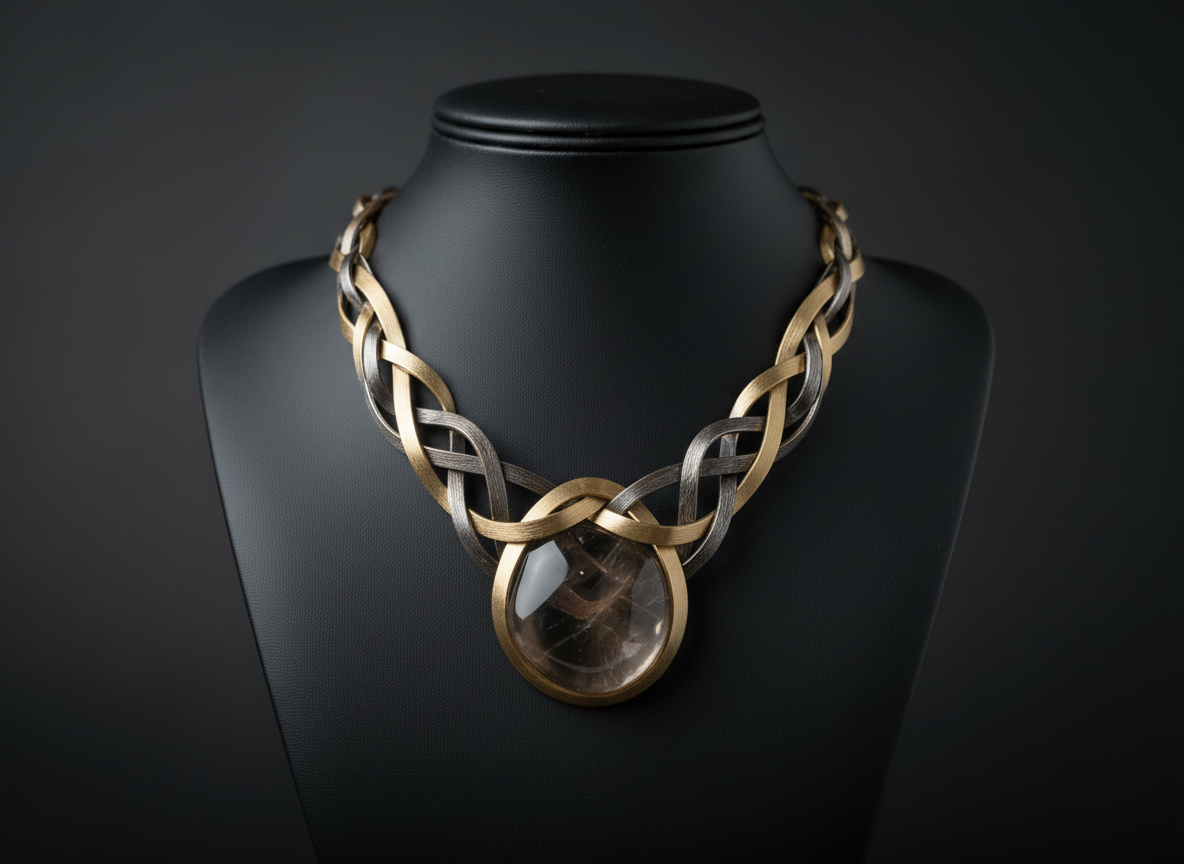 A single, sculptural statement necklace displayed on a minimalist matte black bust form, photographed against a softly blurred dark grey background. The necklace is composed of interlaced strands of brushed gold and oxidized silver, with a central asymmetrical piece resembling a polished river stone in smoky quartz. Subtle texturing on the metal surfaces adds depth and refinement. Soft, diffused side lighting creates gentle gradients across the curves of the metal and a faint, elegant reflection on the quartz. Captured at eye level with a centered composition and shallow depth of field, the mood is dramatic yet understated, evoking the sophistication and uniqueness of a high-end independent bijouterie.