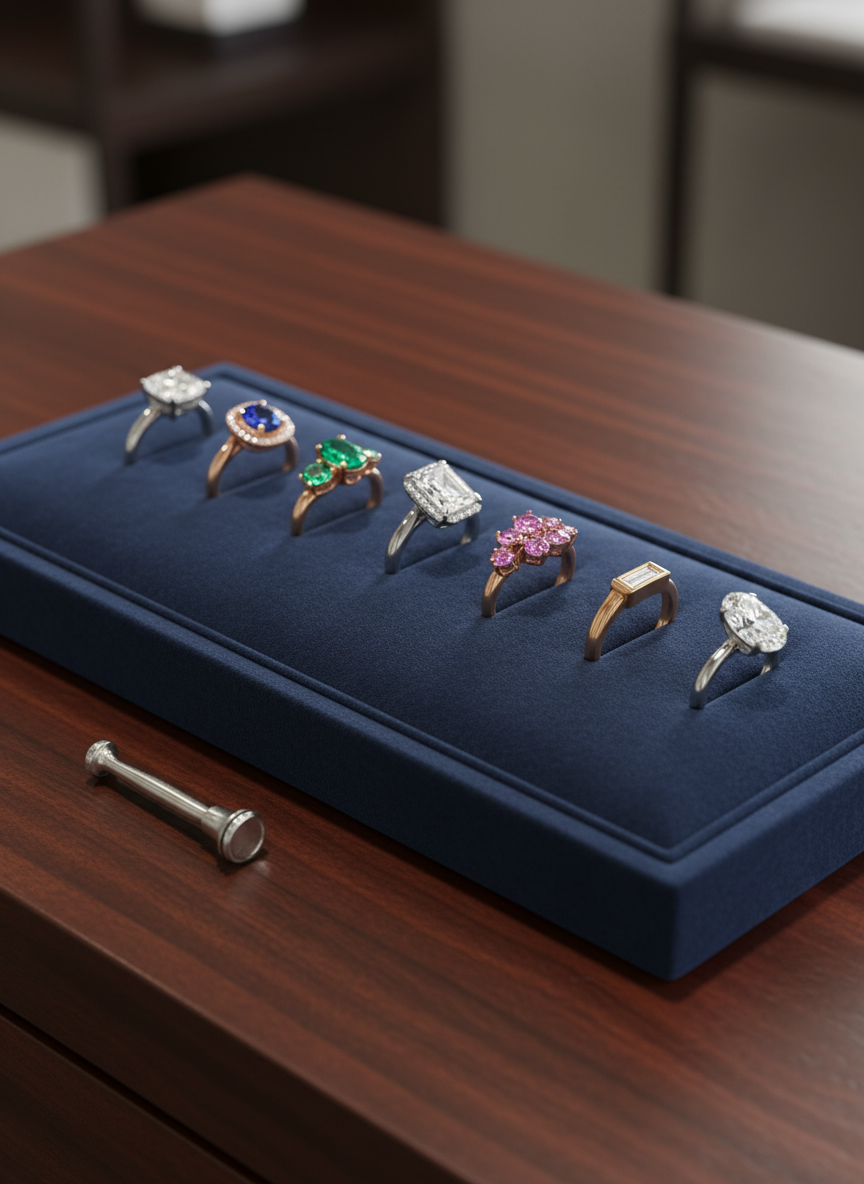 An open, velvet-lined jewelry tray showcasing a series of custom-designed engagement rings arranged in a precise diagonal line, each in photographic realism. The rings vary in metal tones—platinum, yellow gold, and rose gold—with distinct settings featuring solitaire, halo, and three-stone designs. Their diamonds and colored gemstones catch the light in a restrained sparkle, never overpowering. The tray rests on a smooth, dark wood counter with a discreet jeweler’s loupe placed near the edge. Soft, diffused boutique-style lighting from above creates delicate reflections on the stones and refined shadows along the tray edges. Shot from a slightly elevated, three-quarter angle, the atmosphere feels exclusive, elegant, and quietly luxurious, ideal for showcasing bespoke creations and expertise.