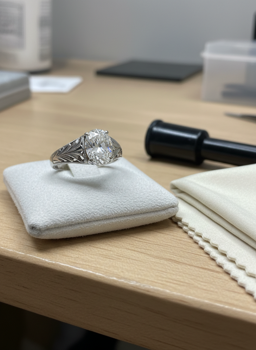 A detailed close-up of a vintage family heirloom ring placed carefully on a white, suede-topped inspection pad, mid-restoration. Tiny specks of polishing dust cling to the intricately engraved platinum band, and a central oval diamond shows renewed clarity. Next to it lies a classic jeweler’s loupe and a slim polishing cloth folded with precision. The scene is set on a clean, light oak work surface with the background gently blurred. Neutral, diffused studio lighting from above reveals every subtle engraving and facet without harsh glare. Captured from a low, intimate angle with a shallow depth of field, the mood is respectful, meticulous, and refined, emphasizing the jeweler’s restoration and expertise.